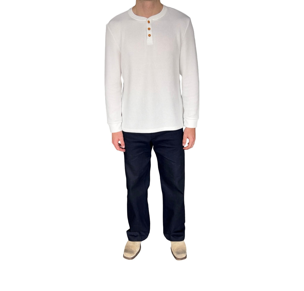 Men's Waffled Long Sleeve Fitted Henley- White