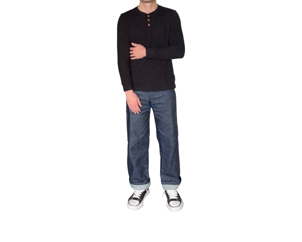 Men's Waffled Long Sleeve Fitted Henley- Black