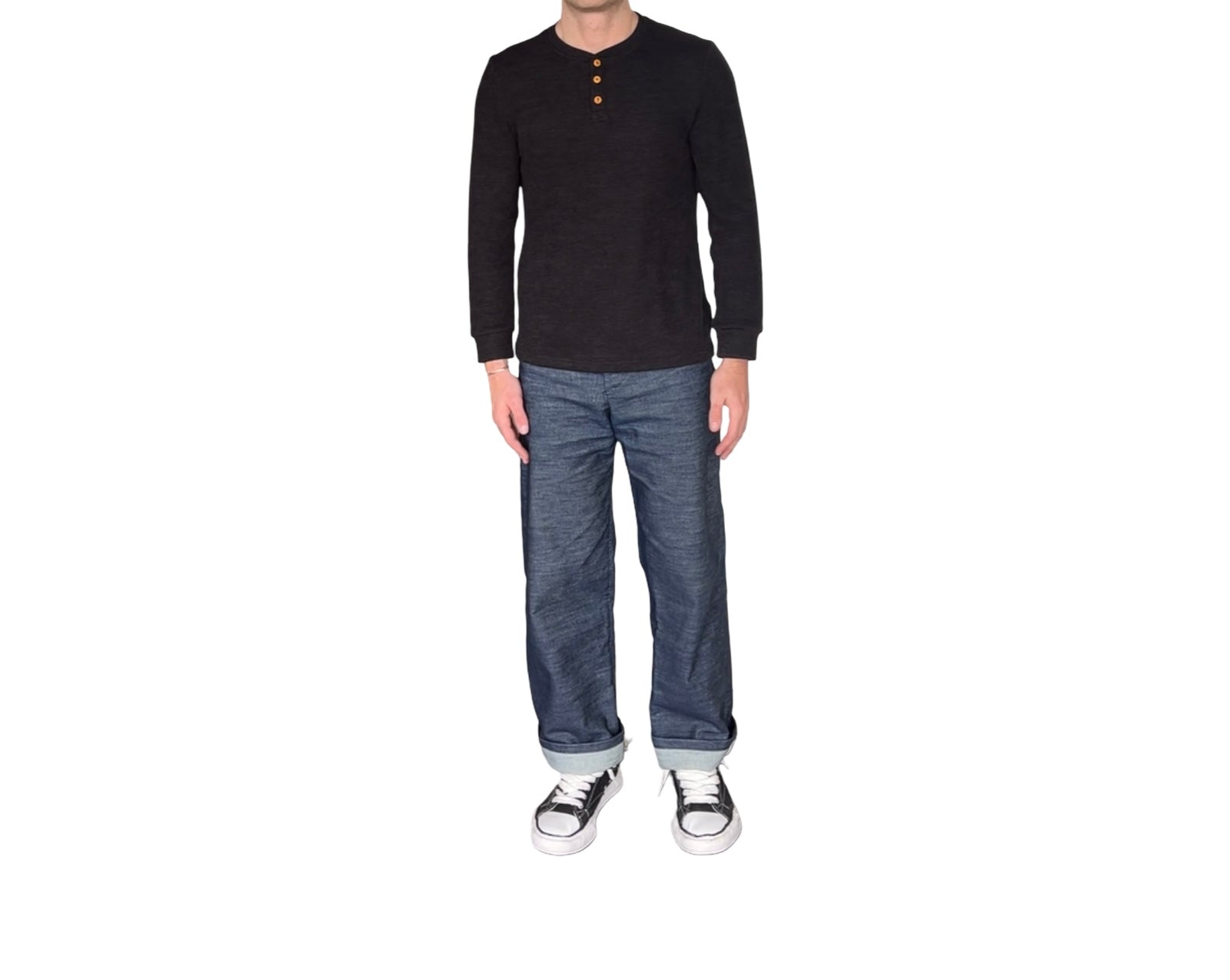 Men's Waffled Long Sleeve Fitted Henley- Black