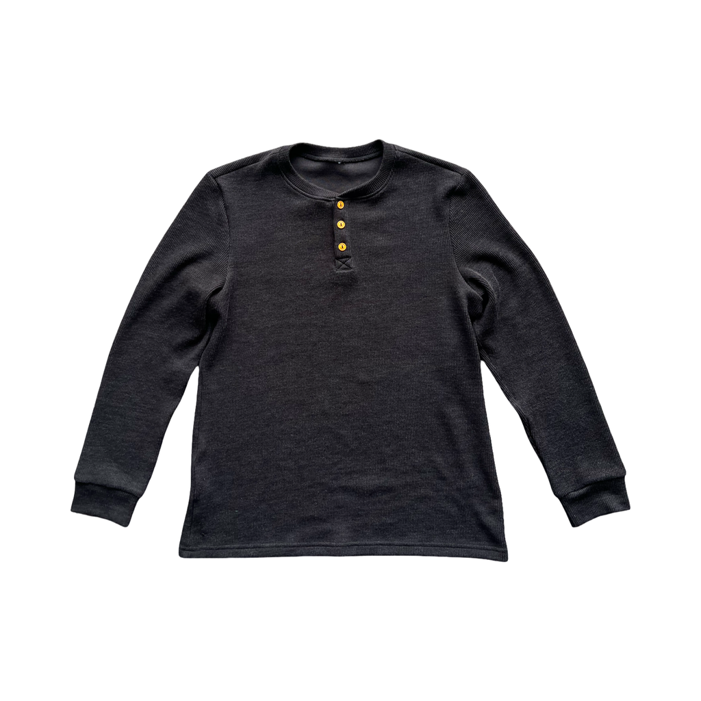Men's Waffled Long Sleeve Fitted Henley- Black