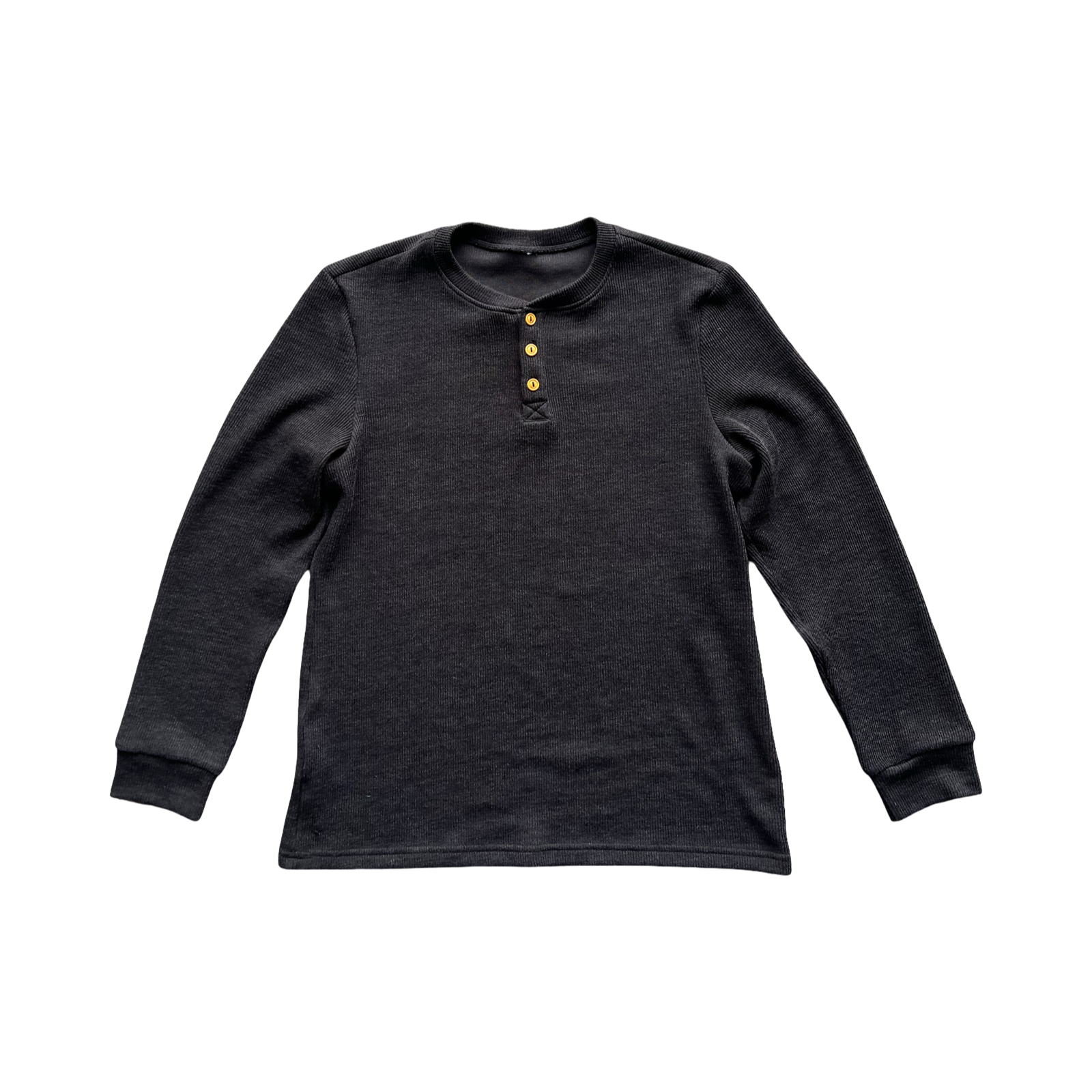 Men's Waffled Long Sleeve Fitted Henley- Black